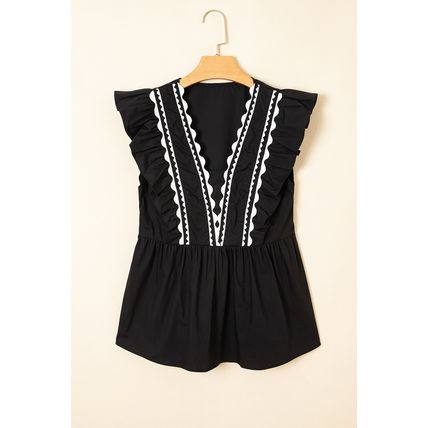 Black Contrast Ricrac Trim Ruffled V Neck Peplum Top