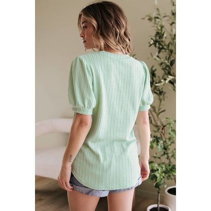 Mist Green Textured Round Neck Short Puff Sleeve Top