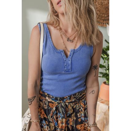 Sky Blue Mineral Wash Ribbed Notch Neck Tank Top