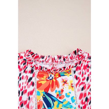 Red Floral Mixed Print Ruffle Cap Sleeve Blouse