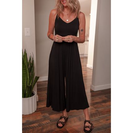 Black Spaghetti Straps Open Back Pleated Wide Leg Jumpsuit