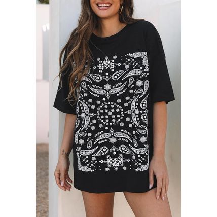 Black Paisley Print Crew Neck Loose Fit Tunic Tee