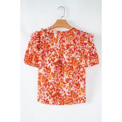 Orange Floral Print Ruffled Short Puff Sleeve Split Neck Blouse
