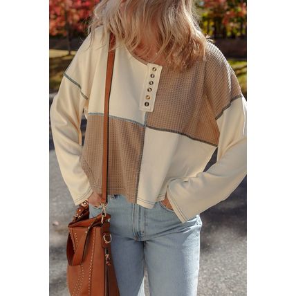 Beige Color Block Waffle Knit Stitch Detail Long Sleeve Top