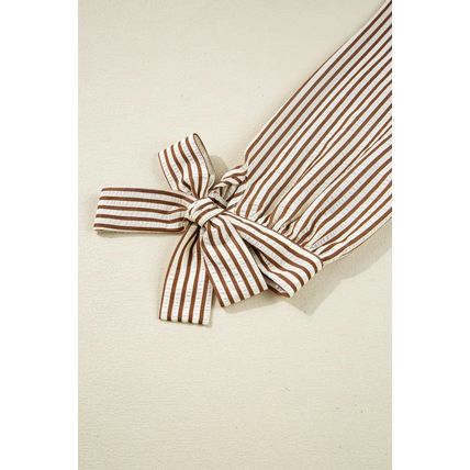 Straw Yellow Striped Print Tied Cuffs Split Neck Seersucker Blouse