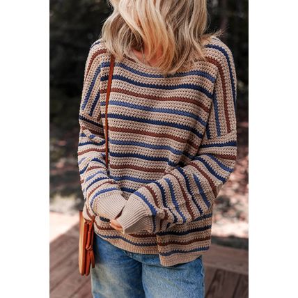 Multicolour Striped Knitted Drop Shoulder Round Neck Sweater