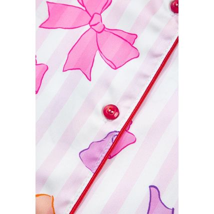Pink Striped Bow Print Contrast Piping Trim Shirt and Pants 2pcs Pajama Set