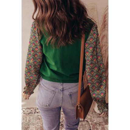 Blackish Green Floral Patchwork Shirred Cuff Puff Sleeve Sweater
