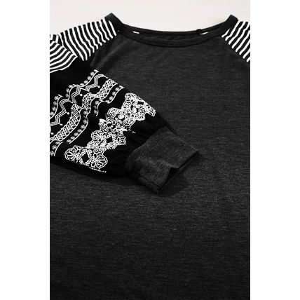Black Contrast Print Striped Raglan Long Sleeve Loose Top