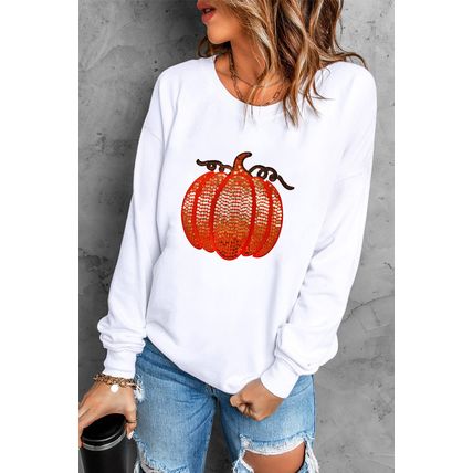 White Sequin Pumpkin Patched Casual Pullover Graphic Sweatshirt