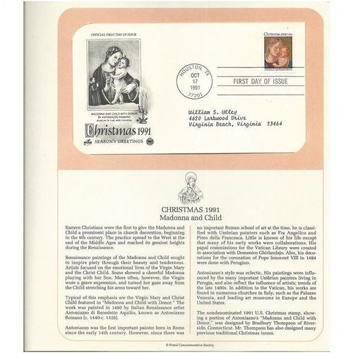 CHRISTMAS 1991 Madonna & Child ' OFFICIAL FIRST DAY of ISSUE ' ( 1991)
