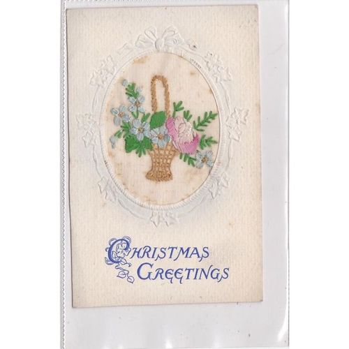 Silk Postcard Showing A Basket Of Flowers Christmas Greetings (SIL451)