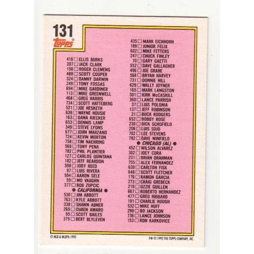 1992 Topps Baseball Checklist unmarked card #131