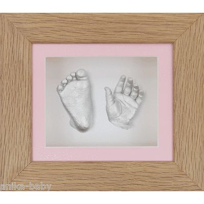 New Unique Baby Girl Pink 3D Cast Kit Silver Hand/Feet Casts Solid Oak Frame