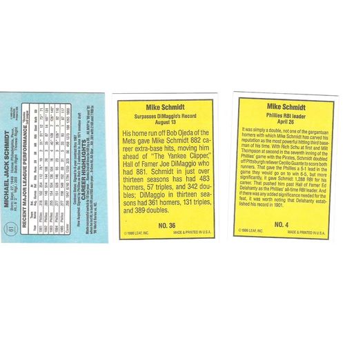 Three 1986 Donruss Mike Schmidt baseball cards – 61, Highlight 4, 36 - Phillies