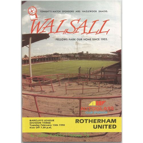 1989-90 WALSALL v ROTHERHAM UNITED (Excellent To Mint Condition - No Writing)