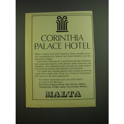 1968 Corinthia Palace Hotel Malta Advertisement
