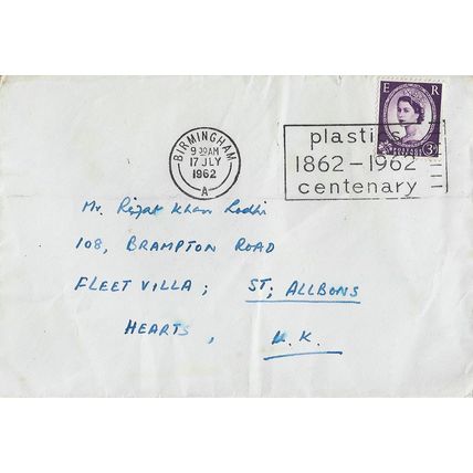 GB 1962 cover with Plastics centenary slogan & Birmingham pm