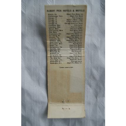 Matchbook cover Albert Pick Hotels, Motels U.S.A.