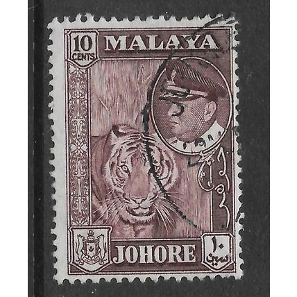MALAYSIA JOHORE 1960 10c DEEP MAROON TIGER SG 160 FINE USED#