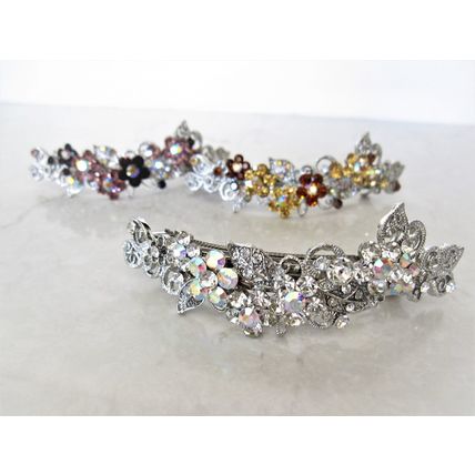 Large silver leaves flowers pink purple amber brown crystal hair barrette