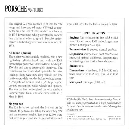 Collectors Club card. Classic Cars. Porsche 924 Turbo