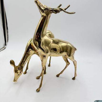 VINTAGE BRASS DEER Pair LARGE 13” Buck 9” DOE Mid Century Solid Retro Sculptures