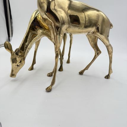 VINTAGE BRASS DEER Pair LARGE 13” Buck 9” DOE Mid Century Solid Retro Sculptures