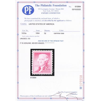 1033a, Mint XF NH 2¢ Silkote Paper With PFC Certificate - Stuart Katz