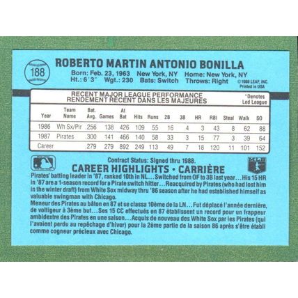 Bobby Bonilla 1988 Leaf Donruss #188 Pittsburgh Pirates