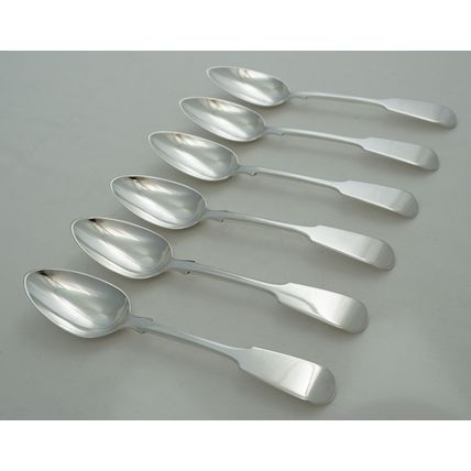 Six Very Good Antique Silver Fiddle Pattern Teaspoons, London 1843, 149mm, 154g.