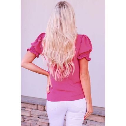 Rose Solid Color Smocked Puff Sleeve Blouse