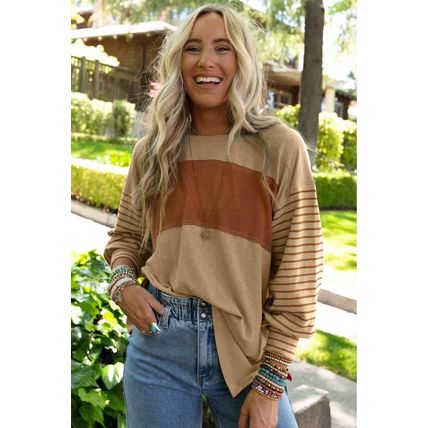 Flaxen Colorblock Striped Bishop Sleeve Top