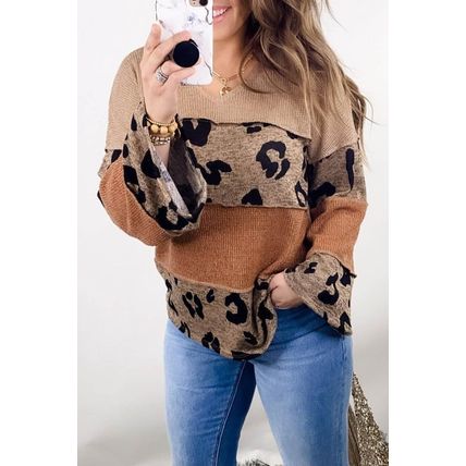Leopard Colorblock Patchwork V-Neck Loose Sleeve Knit Top