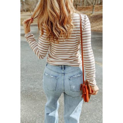 Striped Print Textured Knit Long Sleeve Tee