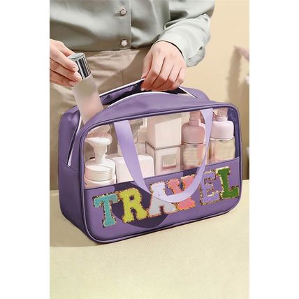 Purple TRAVEL Chenille Letter Clear PVC Makeup Bag