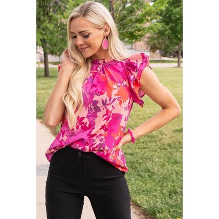 Rose Floral Flutter Sleeves Frilled Neck Blouse
