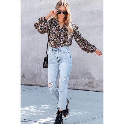 Floral Print Ruffled Bubble Sleeve Shirt