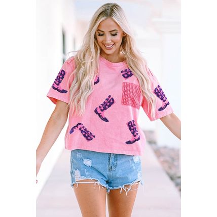 Pink Western Boots Sequin Patchwork Crew Neck T Shirt