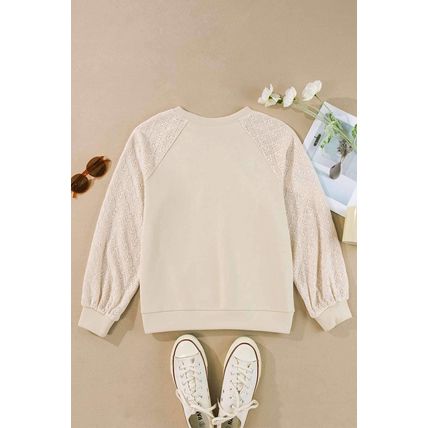 Parchment Eyelet Knit Patchwork Raglan Sleeve Pullover Top