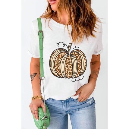 White Leopard Pumpkin Graphic Crewneck Halloween T Shirt