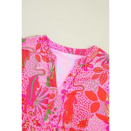 Rose Jungle Floral Print Notch V Neck Blouse