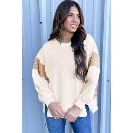 Apricot Corduroy Patchwork Drop Shoulder Long Sleeve Sweatshirt