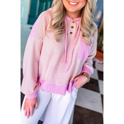 Light Pink Corded Colorblock Patch Pocket Drawstring Hooded Top