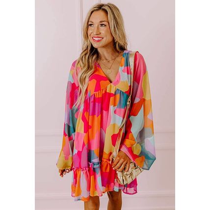 Red Abstract Print Bell Sleeve V Neck Babydoll Dress