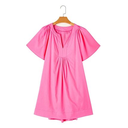 Bonbon Split V Neck Short Flutter Sleeve Pleated Shift Dress