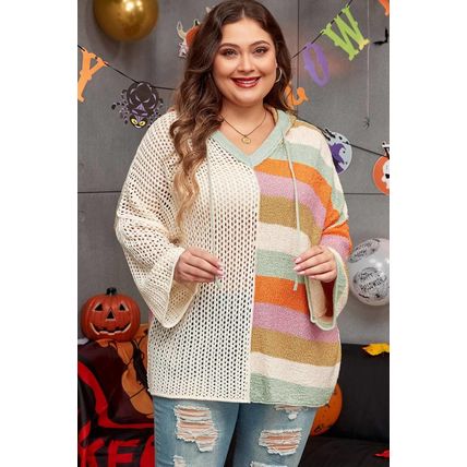 Beige Pointelle Knit Colorblock Patchwork V Neck Hooded Plus Sweater
