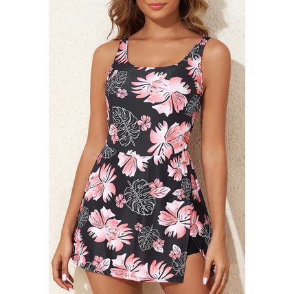 Black Floral Print Twisted Hollowed Back Swim Dress