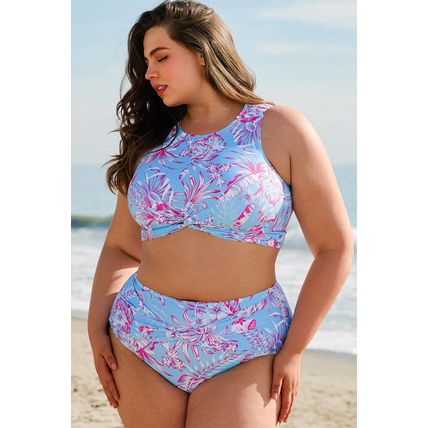 Sky Blue Plus Size Floral Print Twisted High Waist Bikini Set