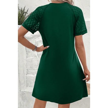 Green Contrast Lace Raglan Sleeve Pleated Detail Shift Dress